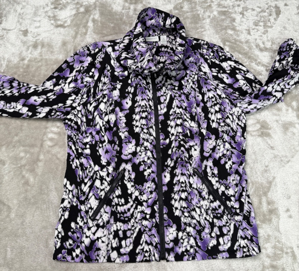 Chicos Zenergy Purple Silver Metallic Print Funnel Neck Windbreaker Womens 1 M